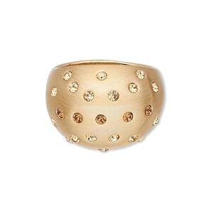 Ring, Czech glass rhinestone and gold-finished "pewter" (zinc-based alloy), topaz and yellow,18mm wide brushed domed band, size 9. Sold individually.