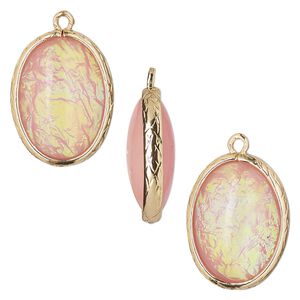 Drop, Opalized Ice&trade;, "opal" (resin) and gold-finished brass, light pink, 20x15mm double-sided oval. Sold per pkg of 4.