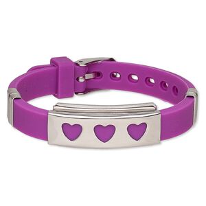 Bracelet, Softique&trade;, silicone and stainless steel, fuchsia, 16mm wide with 39x16mm rectangle and cutout hearts, adjustable from 5-1/2 to 7-1/2 inches with buckle-style closure. Sold individually.