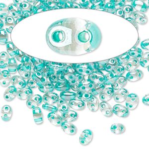 Seed bead, Preciosa Twin&trade; Czech glass, pkg/10g, 5x2.5mm oval, transparent green terra color-lined clear, (38658).