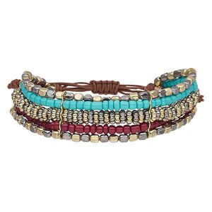 Bracelet, 5-strand, waxed cotton cord / glass / gold-coated acrylic / gunmetal-plated / gold-finished steel, multicolored, 22mm wide, adjustable from 7-9 inches with macram&eacute; knot closure. Sold individually.