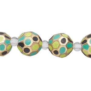 Bead, glass 1pkg4, lime green / black / gold, 12mm hand-painted faceted round.