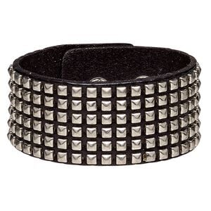 Bracelet, leather (dyed) and silver-plated steel, black, 35mm wide with square studs, adjustable at 5-1/2 and 6-1/2 inches with snap closure. Sold individually.