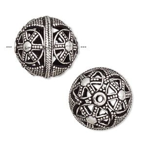 Bead 1pkg1 silver-plated, 19mm beaded round / circular & rope / cutouts, brass antique