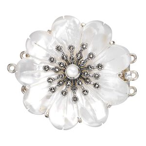 Clasp tab sterling silver / Signity&reg; marcasite / mother-of-pearl shell (natural) 1pkg1, 34mm carved flower, antiqued 3-strand