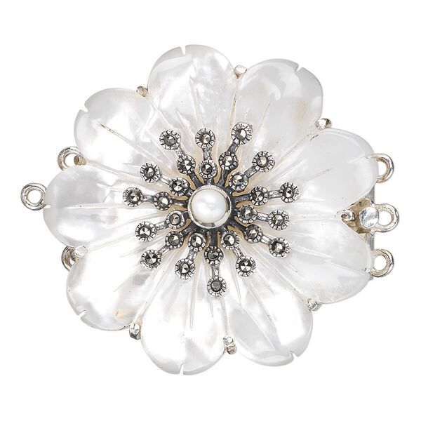 Clasp tab sterling silver / Signity&reg; marcasite / mother-of-pearl shell (natural) 1pkg1, 34mm carved flower, antiqued 3-strand image number 0