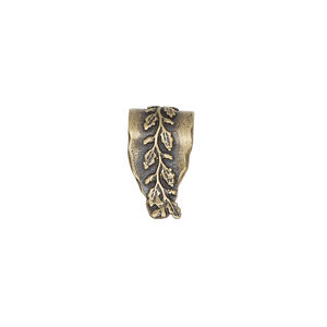 Bail, ice-pick, antiqued brass, 15x8mm fancy shield with leafy vine design, 12mm grip length. Sold individually.
