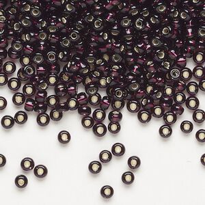 Seed bead, Miyuki, glass, pkg/250g, #8 rocaille, transparent silver-lined extra dark smoky amethyst (RR-2428).
