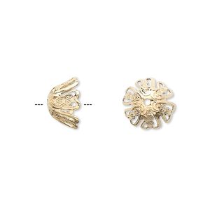 Bead cap, gold-finished brass, 11x6mm textured flower with cutouts, fits 10-12mm bead. Sold per pkg of 100.