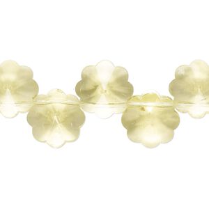 Bead, glass, transparent light yellow-green, 12mm top-drilled faceted flower. Sold per 15-inch strand, approximately 40 beads.