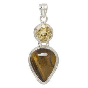 Pendant, citrine (heated) / tigereye (natural) / sterling silver, 47x21mm-49x23mm teardrop and round. Sold individually.