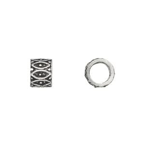 Bead 1pkg6 silver-plated, 9x7mm tube / dots / diamonds, white brass antique
