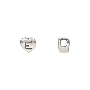 Bead 1pkg1 sterling silver, 7.5x7mm heart / letter E, antiqued Dione&reg;