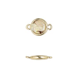 Link, paua shell and gold-finished brass (assembled), 9.5-10.5mm double-sided round. Sold per pkg of 4.