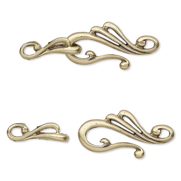 Clasp hook&eye 1pkg1, 39x13mm swirl, antiqued brass 1-strand image number 0