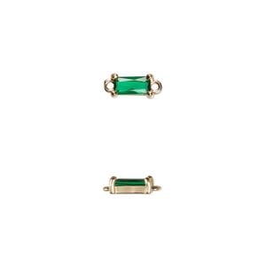 Link, glass and gold-finished brass, dark green, 7.5x4mm faceted rectangle. Sold per pkg of 10.