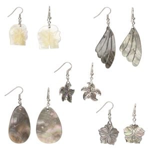 Earring mix, multi-shell (natural) and nickel-plated copper 1pkg10, 12x12mm-38x38mm carved multi-shapes, 5 pairs.