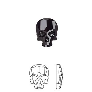 Flat back 1pk jet, Crystal Passions&reg; 14x10.5mm skull 2856