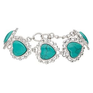 Magnesite / brass / steel 1pkg1, silver-plated heart bracelet / toggle clasp 6-6.5 inch / 22mm wide / 23x22mm