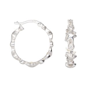 Earring, Create Compliments&reg;, sterling silver and cubic zirconia, clear, 23mm round hoop with stars and hinged closure. Sold per pair.