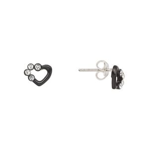 Earstud, Create Compliments&reg;, sterling silver and crystal, black and clear, 8.5x6mm open heart. Sold per pair.