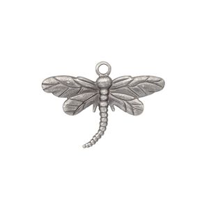 Charm, antique silver-plated brass, 26x15mm single-sided dragonfly. Sold per pkg of 10.