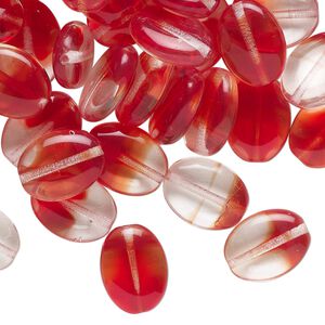 Bead, pressed glass, translucent red and clear, 12x9mm puffed oval. Sold per 2-ounce pkg, approximately 75 beads.