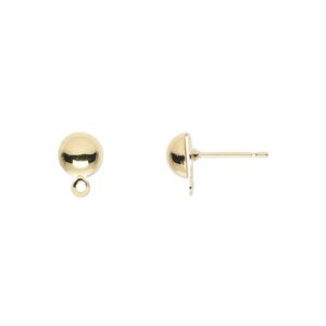 Earstud, gold-plated brass and stainless steel, 6mm half ball with closed loop. Sold per pkg of 50 pairs.