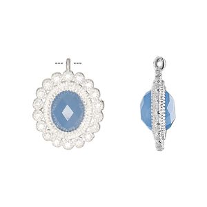 Drop, chalcedony (dyed) / cubic zirconia / sterling silver, clear and blue, 17x15mm single-sided faceted oval. Sold individually.