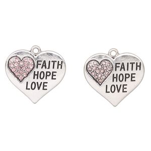 Charm, antique silver-finished enamel "pewter" (zinc-based alloy) and glass, pink and black, 25x22mm heart with "Faith / Hope / Love". Sold per pkg of 2.