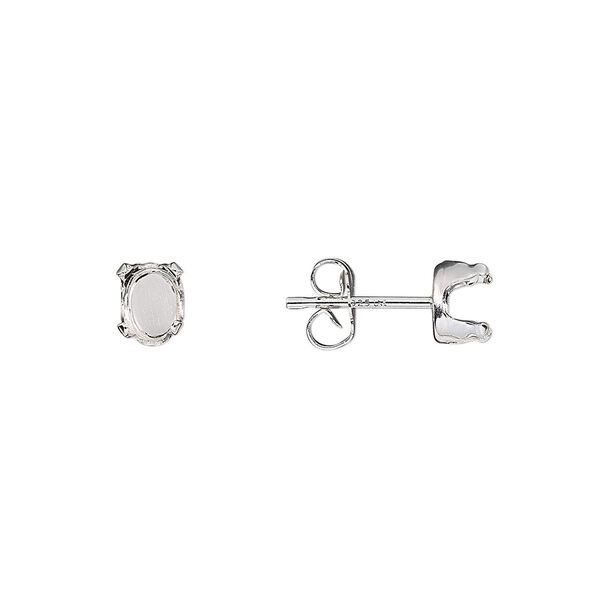 Earstud 1pkg4 Snap-Tite&reg; sterling silver, 6x4mm oval 4-prong setting / earnuts, 2 pair image number 0