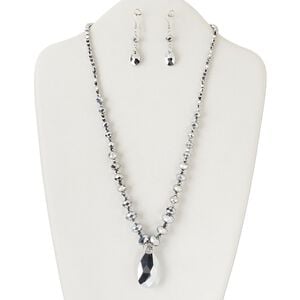 Necklace and earring set, silver-finished "pewter" (zinc-based alloy) / brass / steel / glass, clear with full-silver finish, 38x22mm teardrop, 22 inch with tab clasp, 35x10mm earrings with fishhook ear wire. Sold per set.