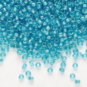 Seed bead, Miyuki, glass, pkg/250g, #8 rocaille, translucent aqua-lined luster crystal clear (RR-1822).