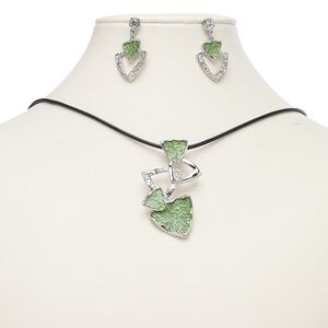 Necklace and earring set, enamel / waxed cotton cord / imitation rhodium-plated steel / "pewter" (zinc-based alloy), black and green, 56x32mm triangles, 18-inch necklace with 2-inch extender chain and lobster claw clasp, 35mm earrings with post. Sold per set.