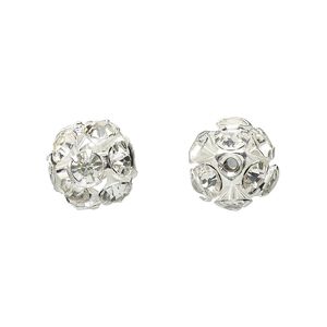 Bead 1pkg6 imitation rhodium-plated, 10mm round, brass / Egyptian glass rhinestone / clear