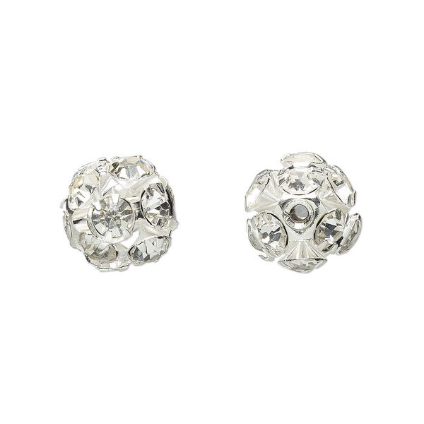 Bead 1pkg6 imitation rhodium-plated, 10mm round, brass / Egyptian glass rhinestone / clear image number 0