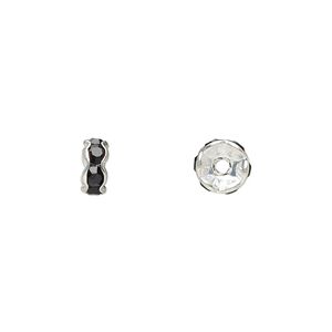 Bead 1pkg10 silver-plated, 6x3mm rondelle, brass / black rhinestone