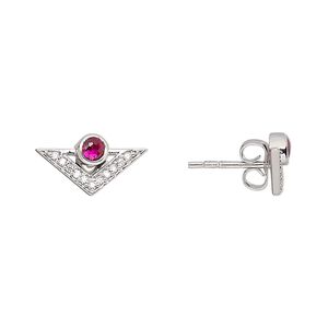 Earstud, Create Compliments&reg;, cubic zirconia and rhodium-plated sterling silver, clear and fuchsia, 15x10x10mm triangle. Sold per pair.