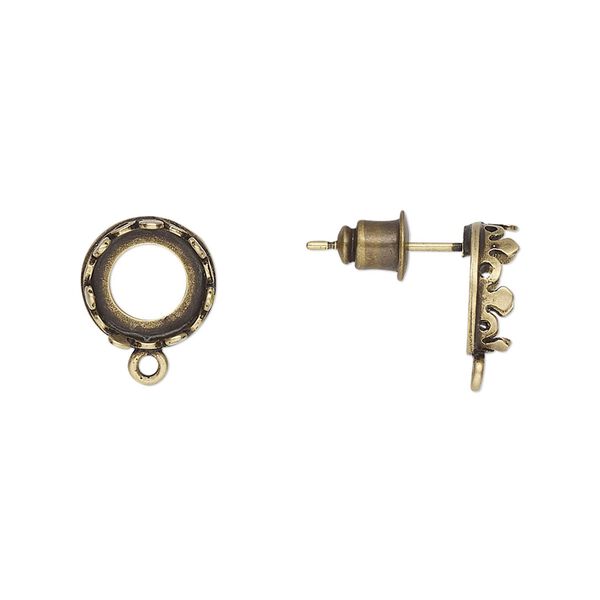 Earstud 1pkg2 JBB findings antique brass-plated, 10mm round / SS39 rivoli open back bezel setting / closed loop / earnuts, brass / rubber 1 pair image number 0
