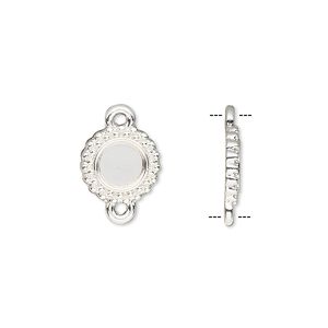 Link, silver-finished brass, 10.5mm single-sided beaded round with 6mm round setting. Sold per pkg of 10.