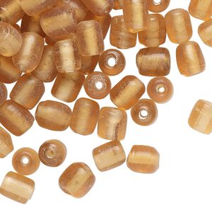 Bead, glass, translucent peach, 7x6mm barrel. Sold per 2-ounce pkg, approximately 165 beads.