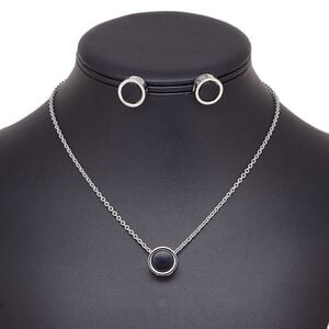 Necklace and earring set, enamel / stainless steel / imitation rhodium-finished brass / steel / "pewter" (zinc-based alloy), black, 14mm round, 15" to 16" necklace with 2-inch extender chain and lobster claw clasp, 14mm round with post. Sold per set.