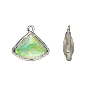 Drop, Opalized Ice&trade;, "opal" (resin) and imitation rhodium-finished brass, opaque white, 19x15mm double-sided fan. Sold per pkg of 4.