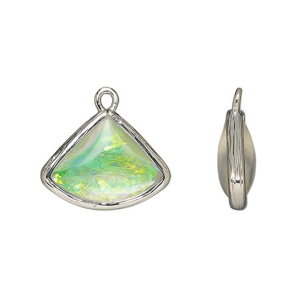 Drop, Opalized Ice&trade;, "opal" (resin) and imitation rhodium-finished brass, opaque white, 19x15mm double-sided fan. Sold per pkg of 4. image number 0