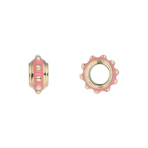 Bead 1pkg1 gold-finished "pewter", 12x6mm rondelle, enamel pink Dione&reg;
