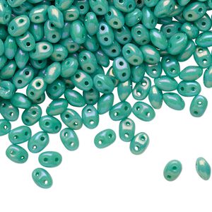 Bead, Preciosa Twin&trade;, Pressed Twin, Czech pressed glass, opaque rainbow turquoise green, 5x2.5mm oval with (2) 0.7-0.8mm holes. Sold per 250-gram pkg.