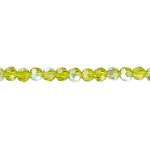 Bead 1pk 32 facets translucent peridot green AB, Celestial Crystal&reg; 4mm round 15.5-16 inch