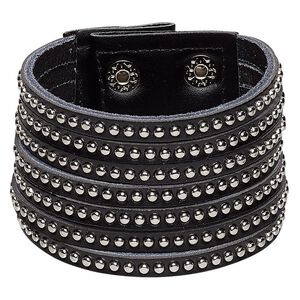 Bracelet 1pkg1, leather (dyed) / faux leather / imitation rhodium-finished steel, black, 50mm wide with round studs, adjustable at 5-1/2 and 6-1/2 inches with snap closure.