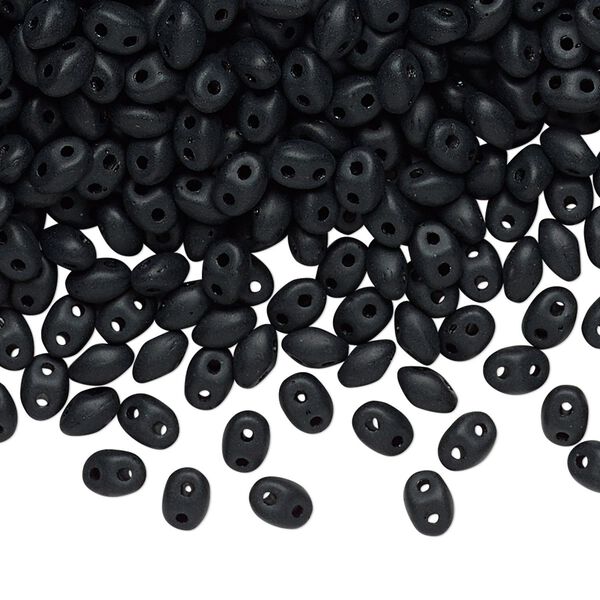 Bead, Preciosa Twin&trade;, Pressed Twin, Czech pressed glass, matte black, 5x2.5mm oval with 2 holes. Sold per 10-gram pkg. image number 0