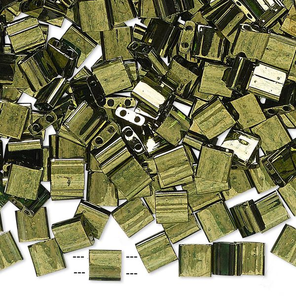 Seed bead, TILA&reg;, glass, pkg/40g, 5mm full tila square, translucent luster olive green, (TL-306). image number 0